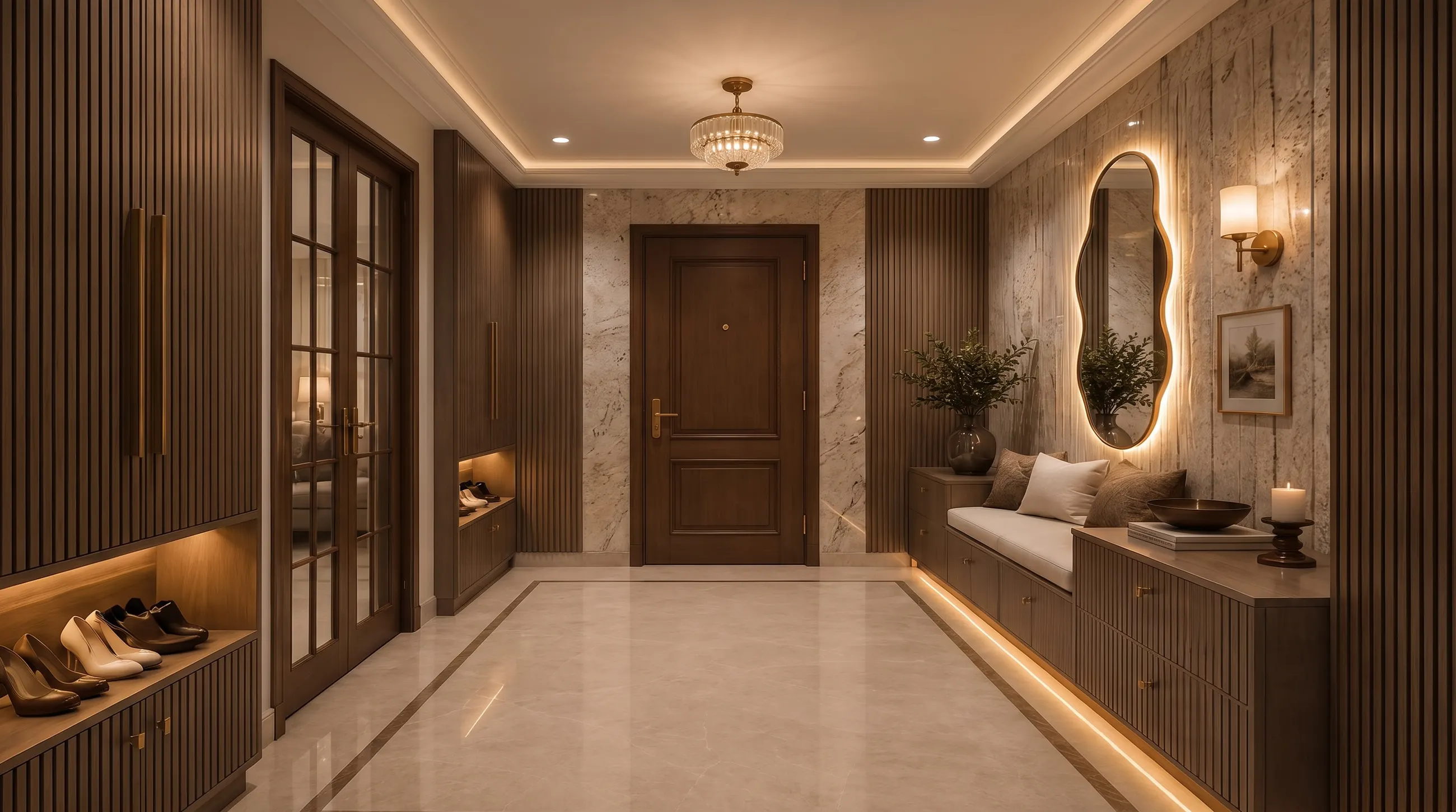 An entrance foyer with fluted timber panels and a lit mirror